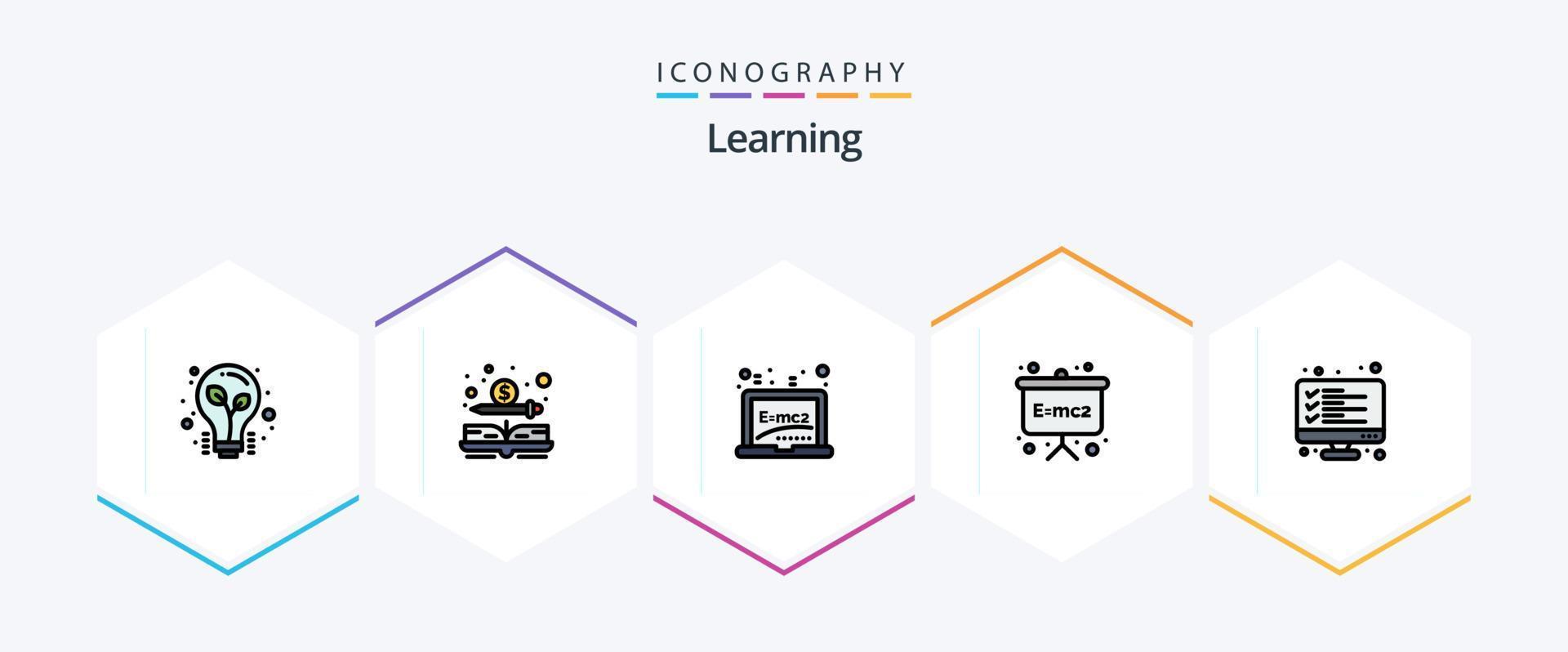 Learning 25 FilledLine icon pack including data. checklist. learning. physics formula. board vector