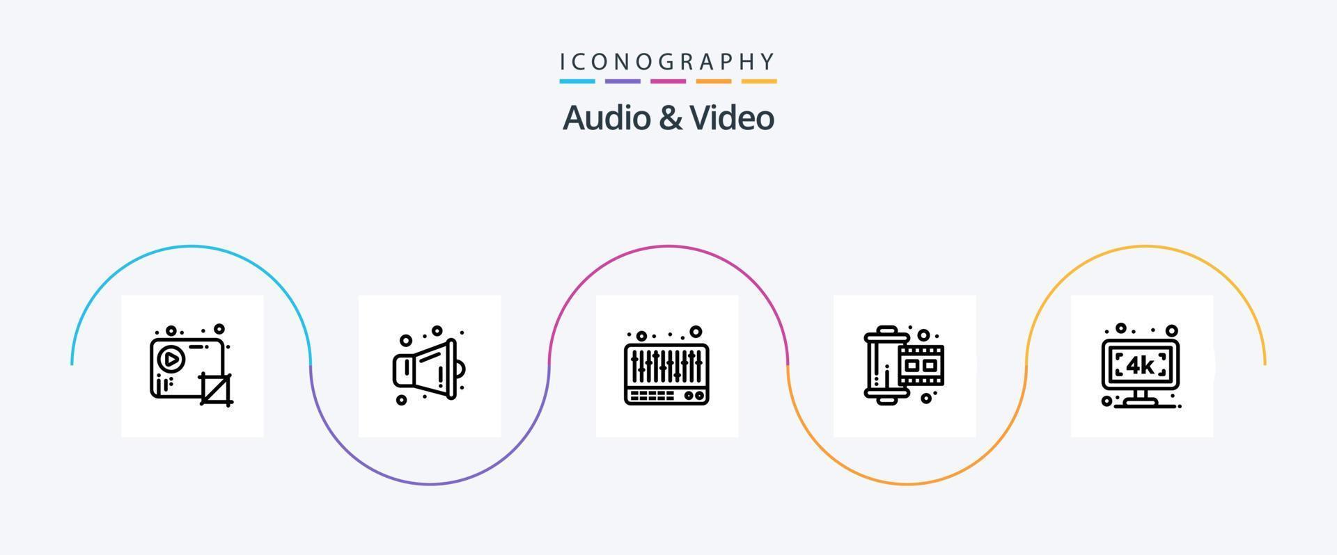 paquete de iconos de línea 5 de audio y video que incluye televisión. monitor. mezclador. carrete. película vector