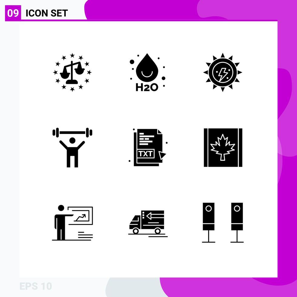 Modern Set of 9 Solid Glyphs and symbols such as document txt ecology weight gym Editable Vector Design Elements