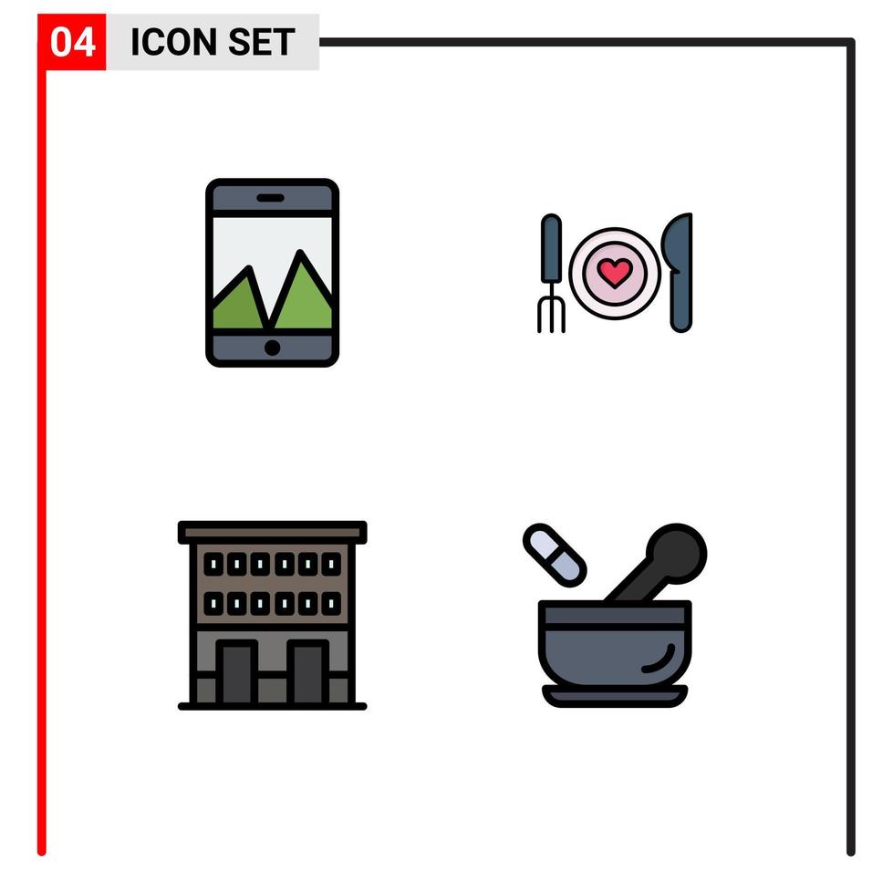4 Thematic Vector Filledline Flat Colors and Editable Symbols of analytics house dinner date shop front Editable Vector Design Elements