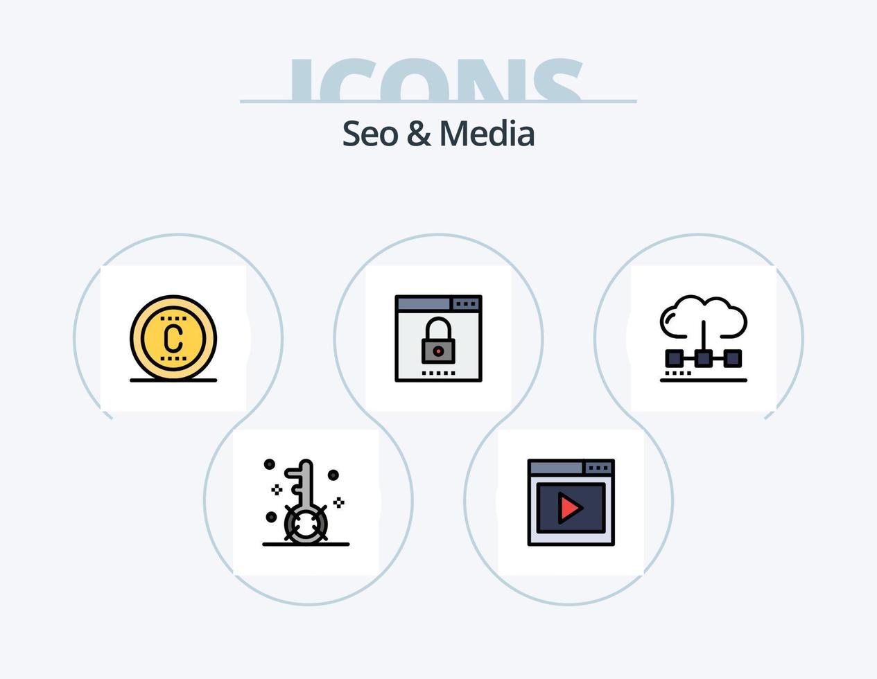 seo y línea de medios llenos de iconos paquete 5 diseño de iconos. mejoramiento. motor. mejoramiento. pagina de videos medios de comunicación vector