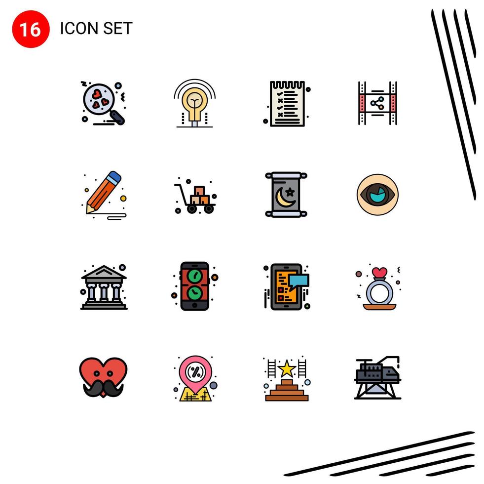 User Interface Pack of 16 Basic Flat Color Filled Lines of design share list pp film Editable Creative Vector Design Elements