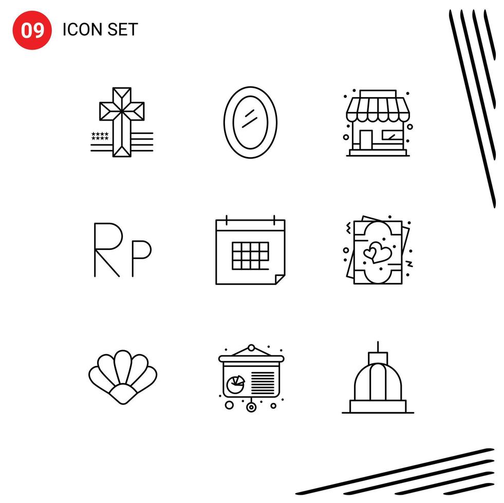 Stock Vector Icon Pack of 9 Line Signs and Symbols for date appointment building rupiah idr Editable Vector Design Elements