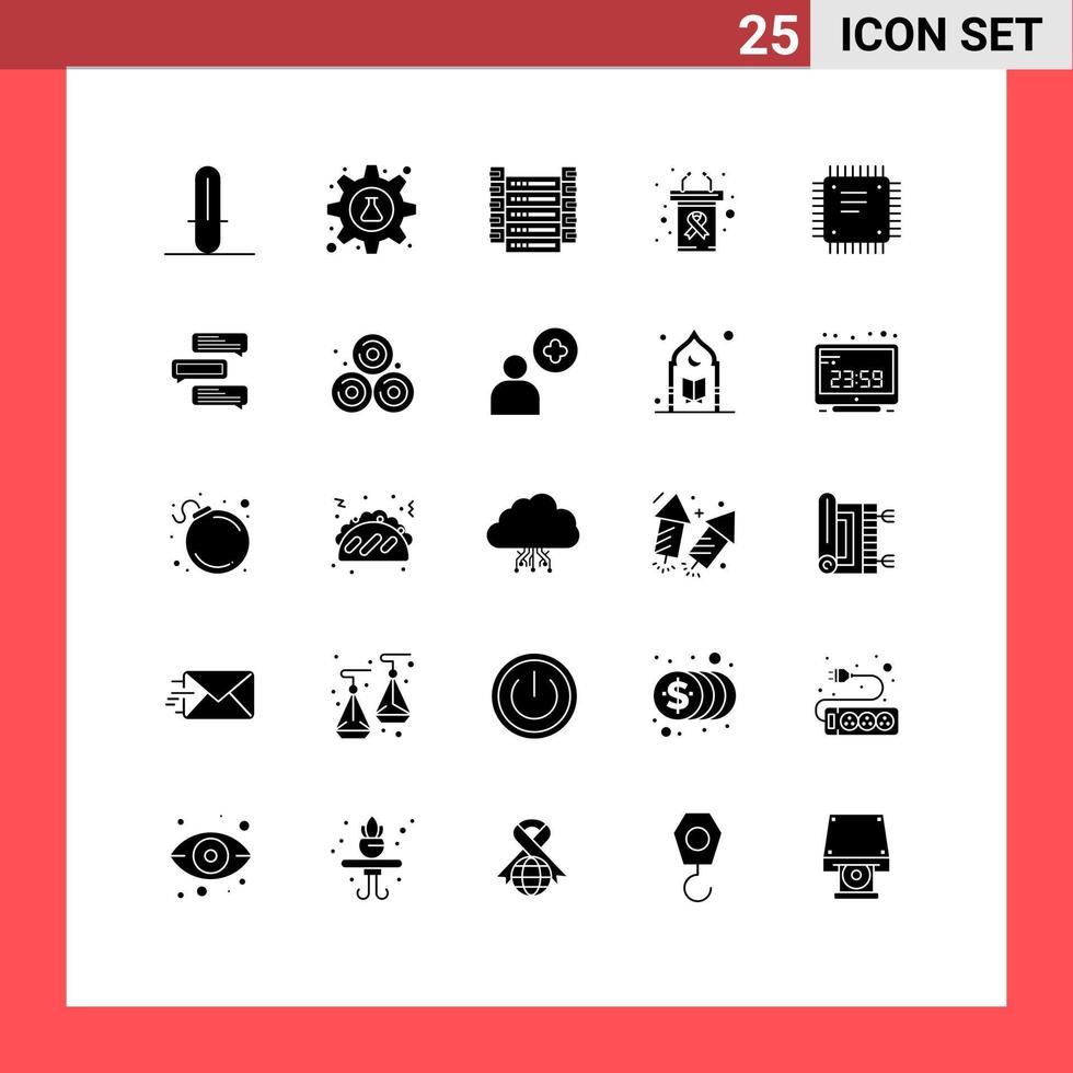 Modern Set of 25 Solid Glyphs Pictograph of circuit board cancer day big data rostrum podium Editable Vector Design Elements
