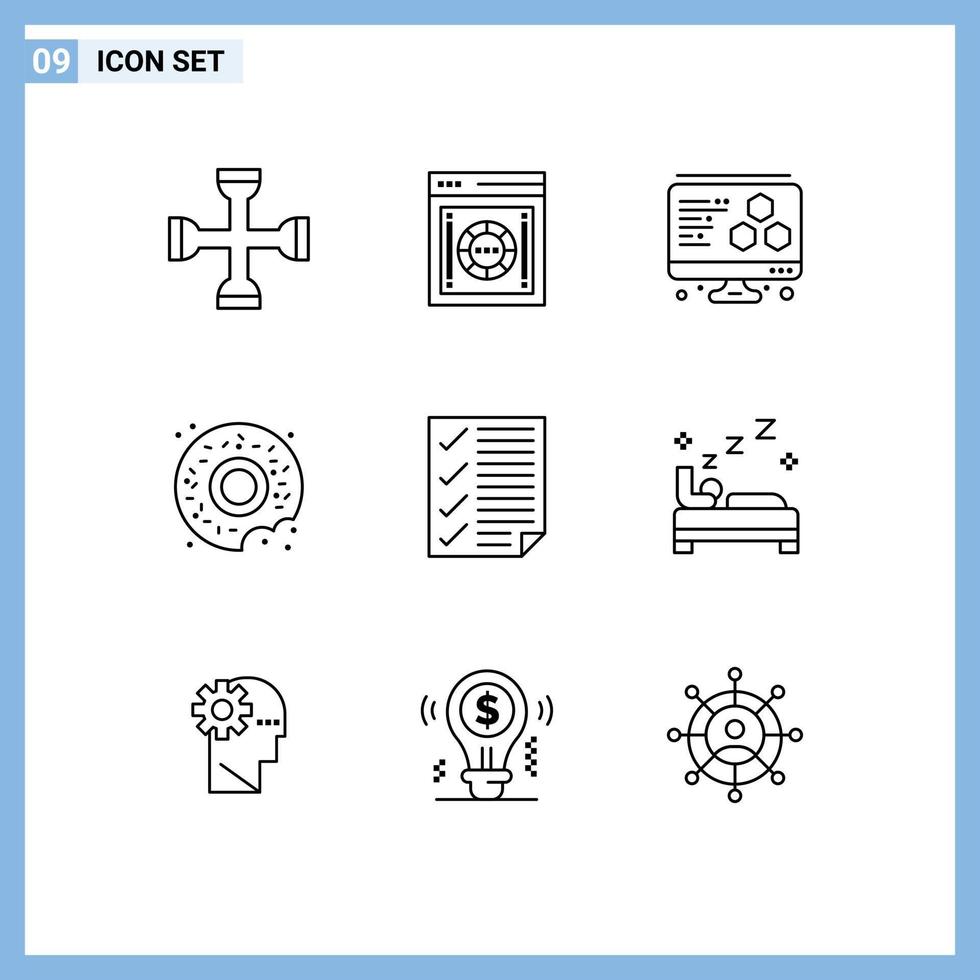 Set of 9 Vector Outlines on Grid for document check safe box sweets donut Editable Vector Design Elements