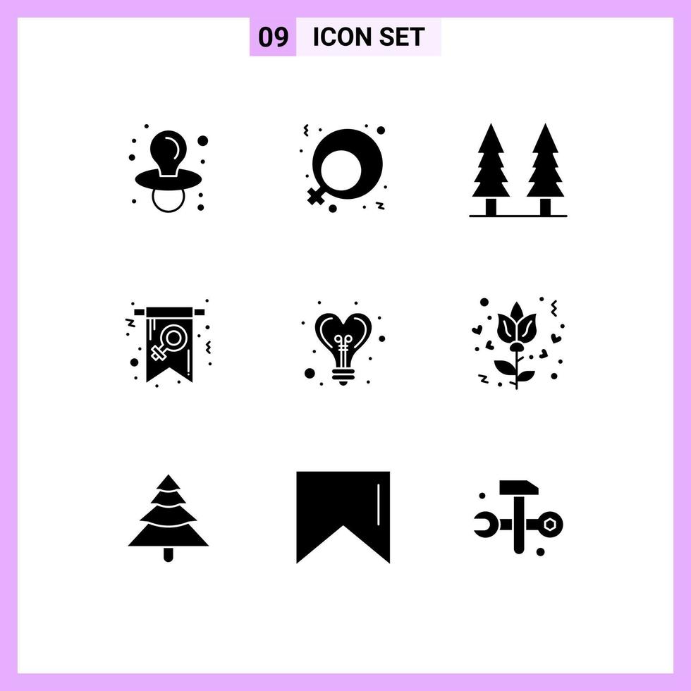 Group of 9 Solid Glyphs Signs and Symbols for light bulb park symbol female Editable Vector Design Elements