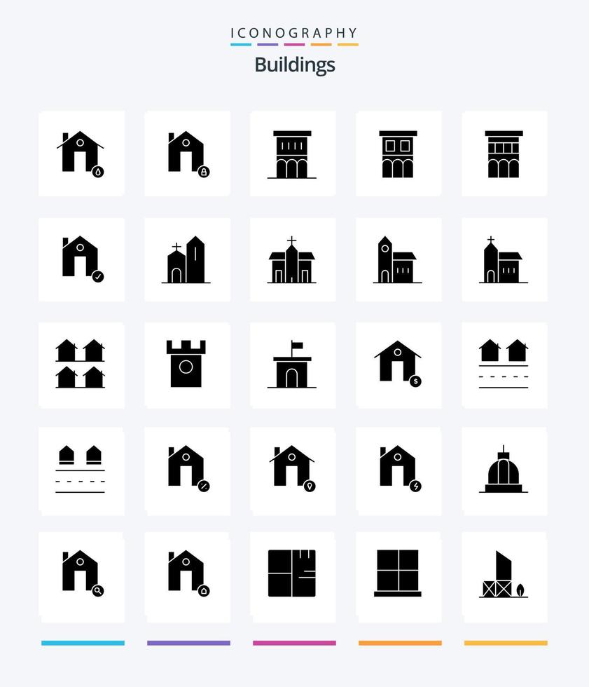 Creative Buildings 25 Glyph Solid Black icon pack  Such As complete. buildings. lock. residence. house vector