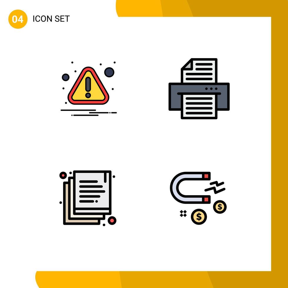 Set of 4 Vector Filledline Flat Colors on Grid for alert duplicate attention printer business Editable Vector Design Elements