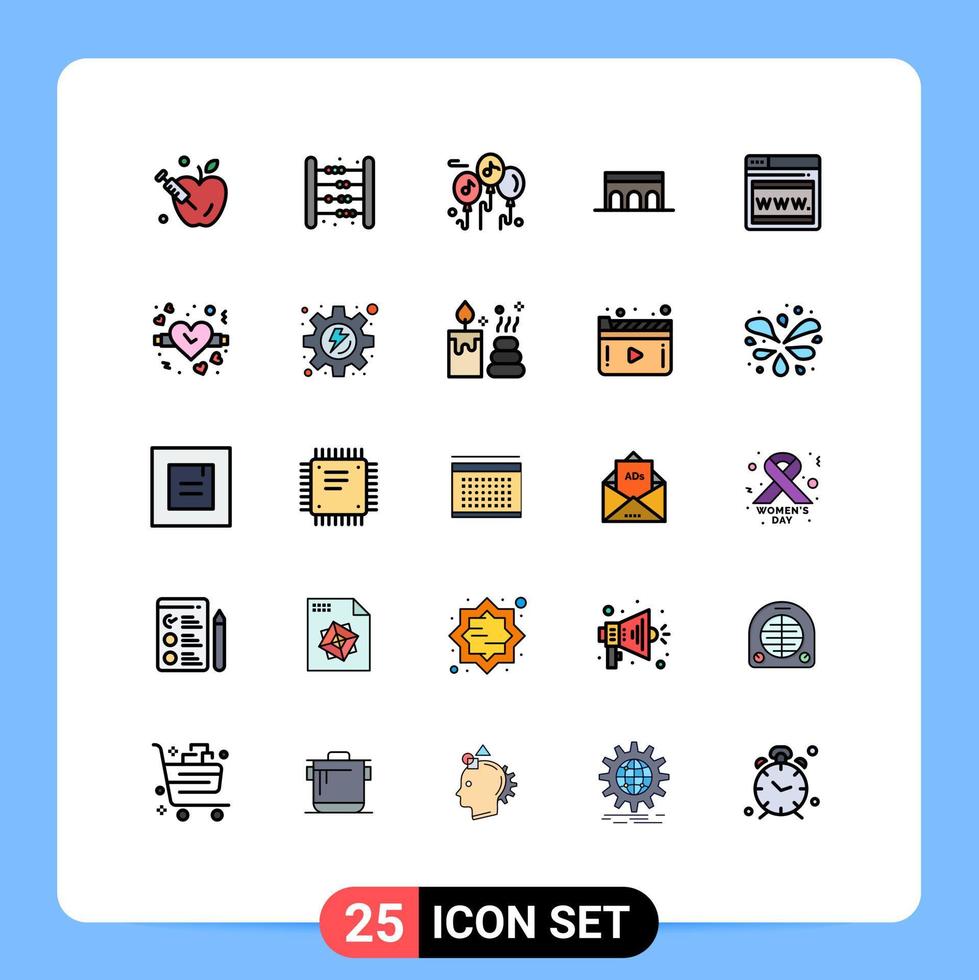 Mobile Interface Filled line Flat Color Set of 25 Pictograms of web monument balloon historic architecture Editable Vector Design Elements