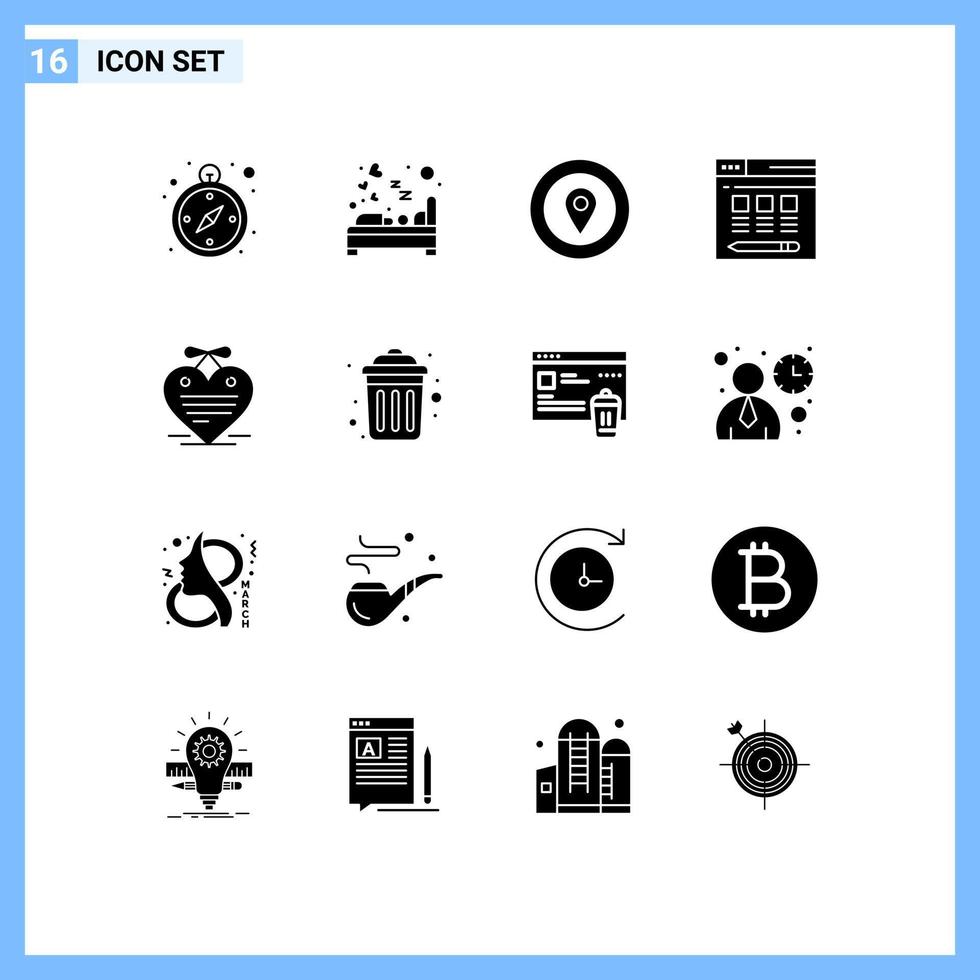 Universal Icon Symbols Group of 16 Modern Solid Glyphs of calendar heart location hosting web Editable Vector Design Elements