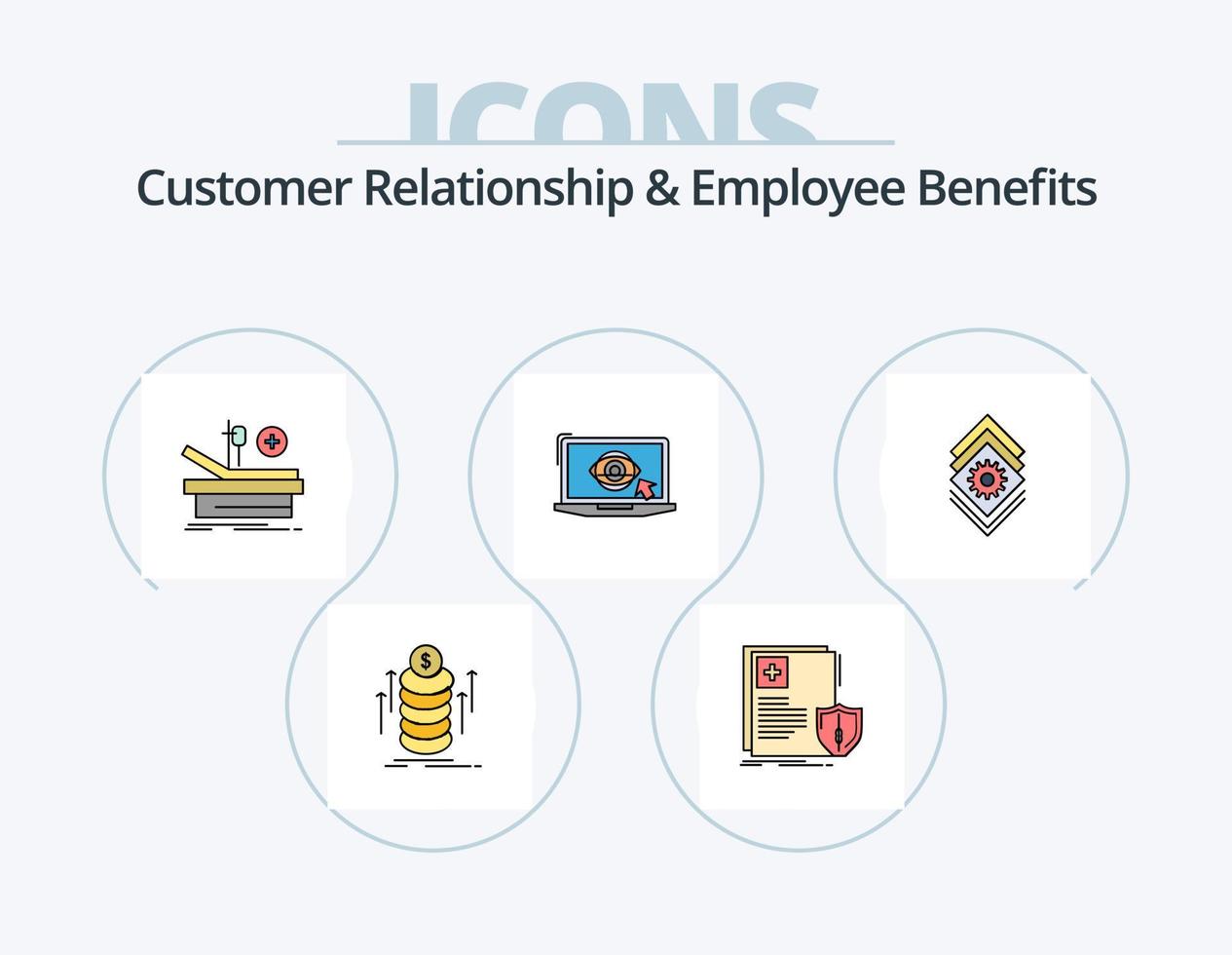 relación con el cliente y línea de beneficios para empleados paquete de iconos llenos 5 diseño de iconos. LCD. ordenador portátil. hecho. escudo doble vector