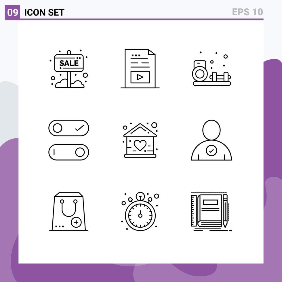 Editable Vector Line Pack of 9 Simple Outlines of baby switch multimedia control fitness Editable Vector Design Elements