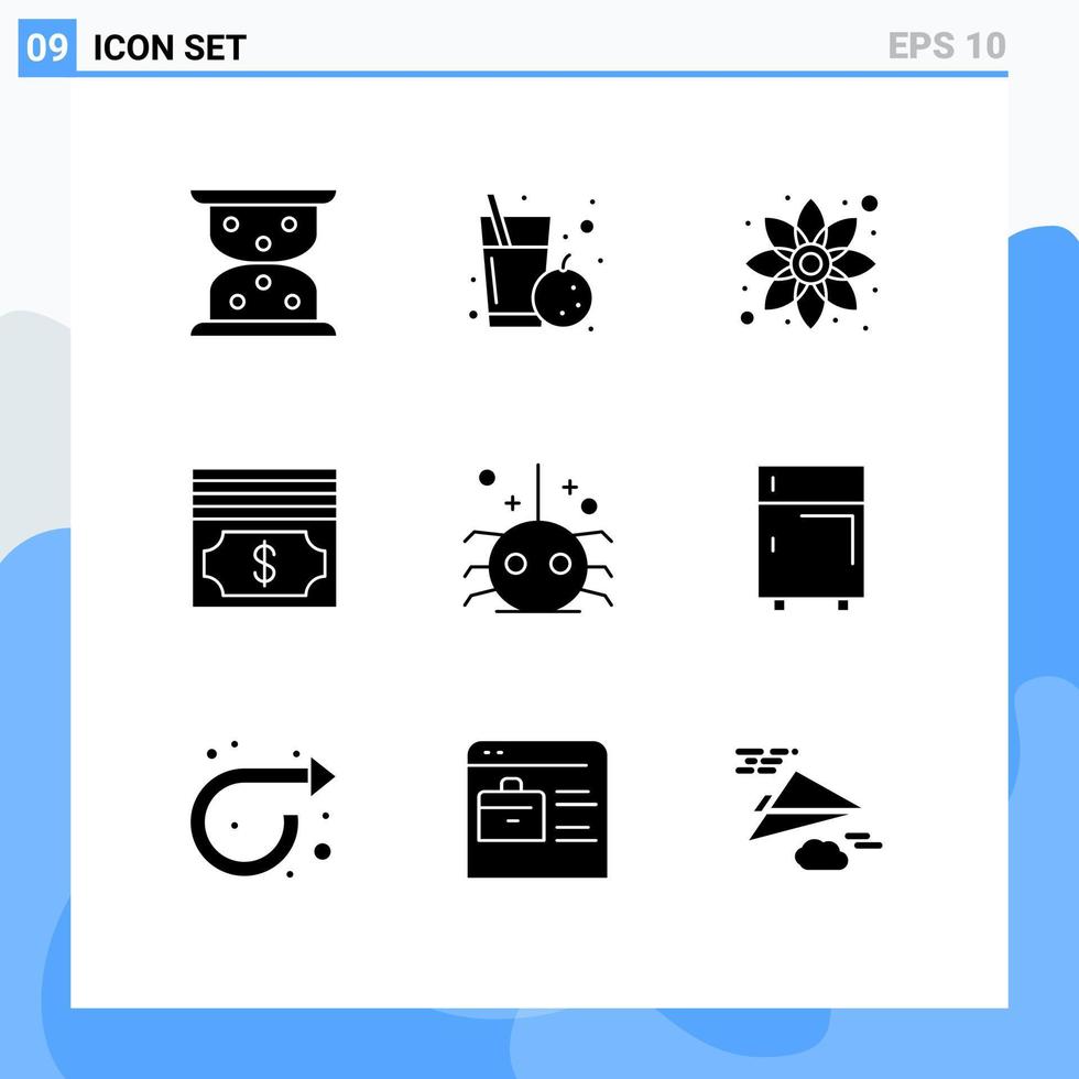 9 Universal Solid Glyphs Set for Web and Mobile Applications spider halloween flower bug dollar Editable Vector Design Elements