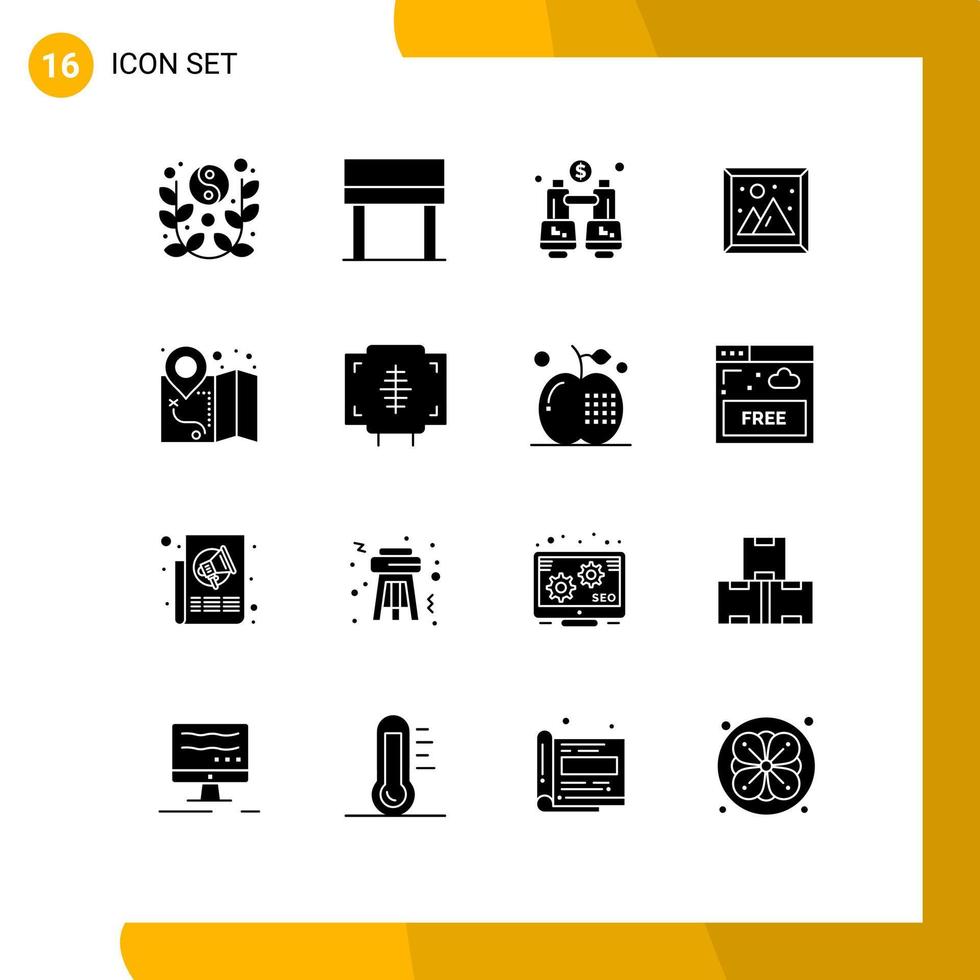 Modern Set of 16 Solid Glyphs Pictograph of location picture binoculars living image Editable Vector Design Elements
