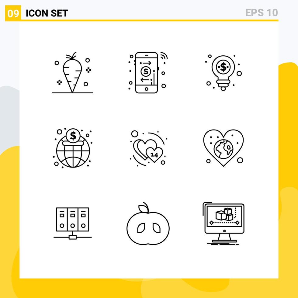 Editable Vector Line Pack of 9 Simple Outlines of february heart dollar finance global Editable Vector Design Elements