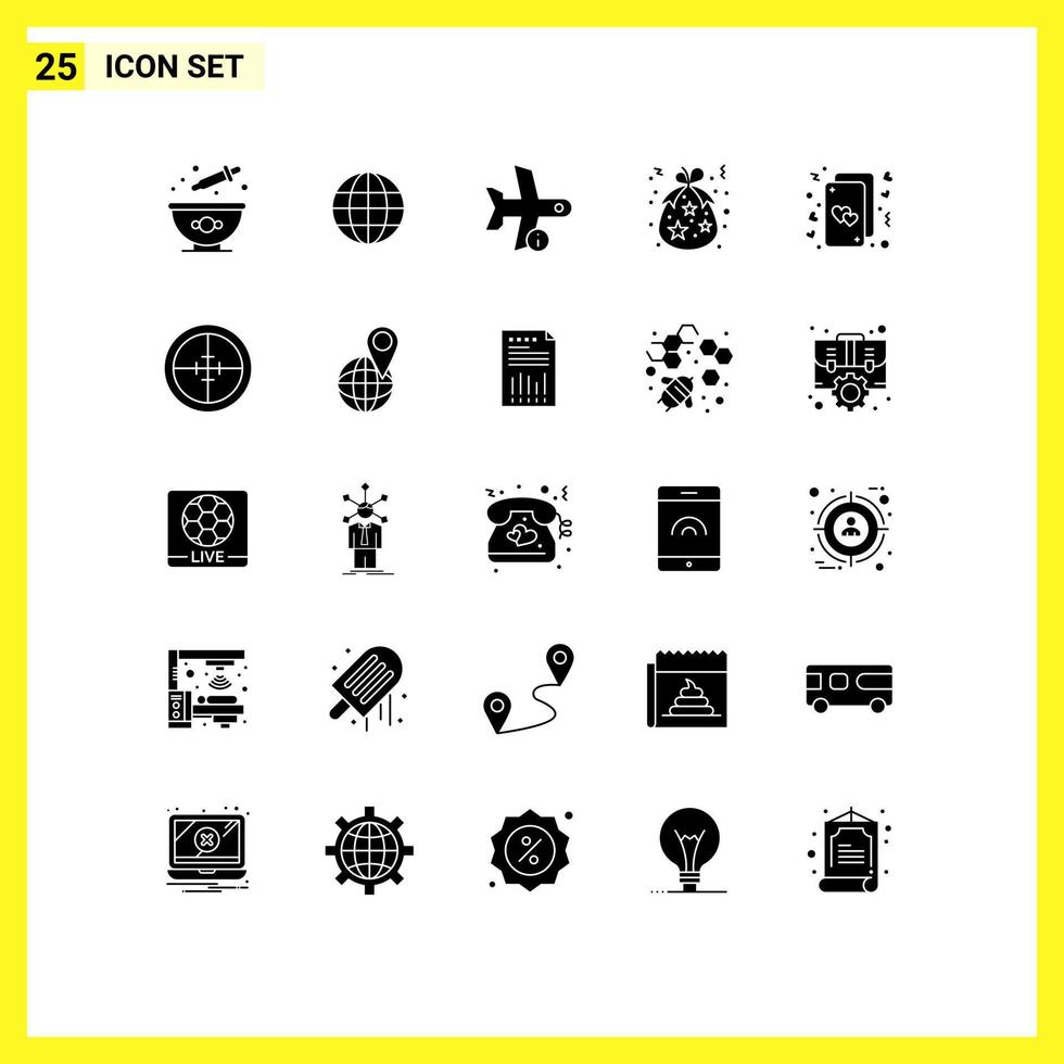 Mobile Interface Solid Glyph Set of 25 Pictograms of holidays christmas flight birth transportation Editable Vector Design Elements