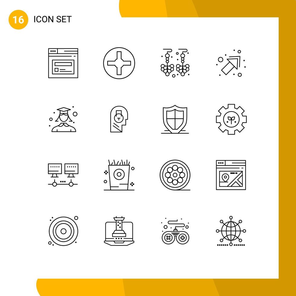 Stock Vector Icon Pack of 16 Line Signs and Symbols for lock student earrings graduation right Editable Vector Design Elements