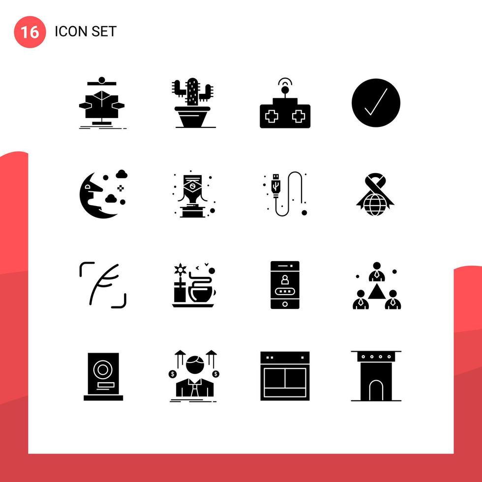 Set of 16 Vector Solid Glyphs on Grid for moon ok baby complete check Editable Vector Design Elements