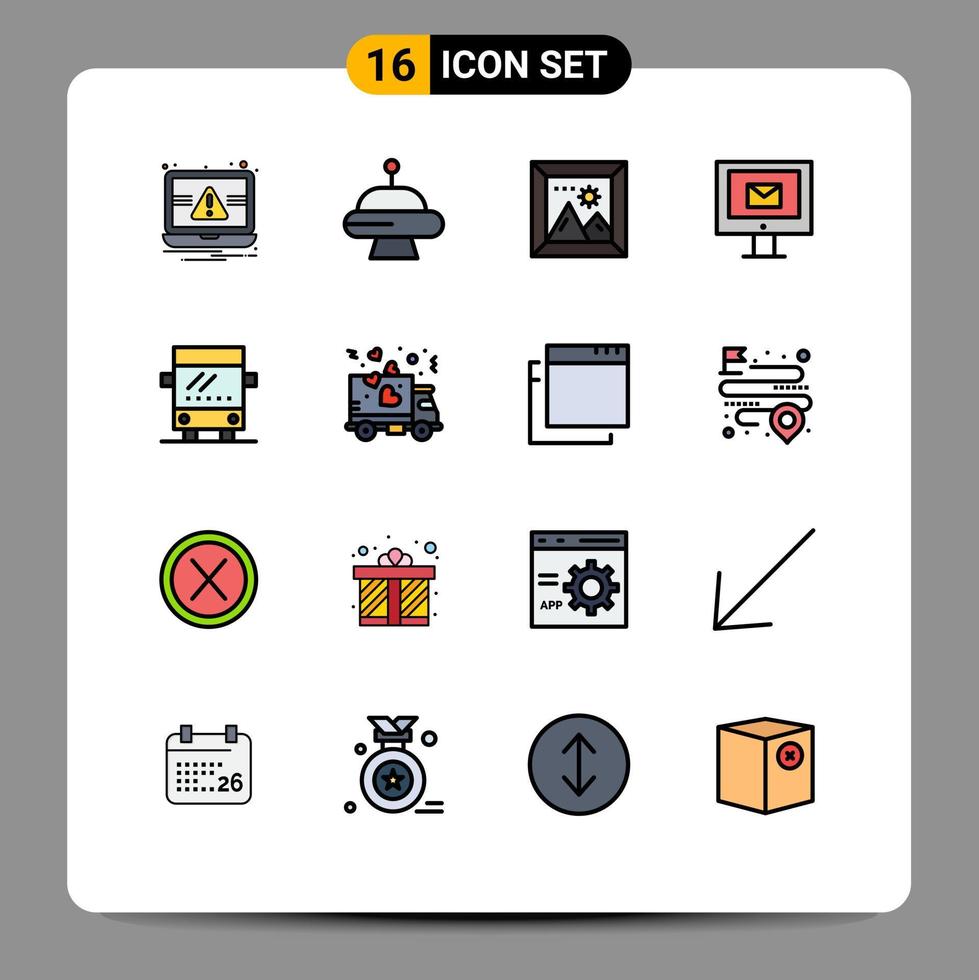 Group of 16 Flat Color Filled Lines Signs and Symbols for travel bus photo service mail Editable Creative Vector Design Elements
