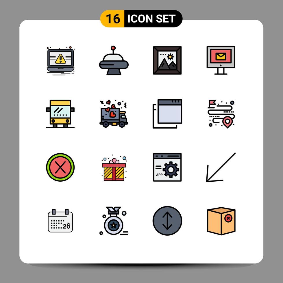 grupo de 16 líneas rellenas de color plano, signos y símbolos para el servicio de fotografía de autobuses de viaje, elementos de diseño de vectores creativos editables por correo