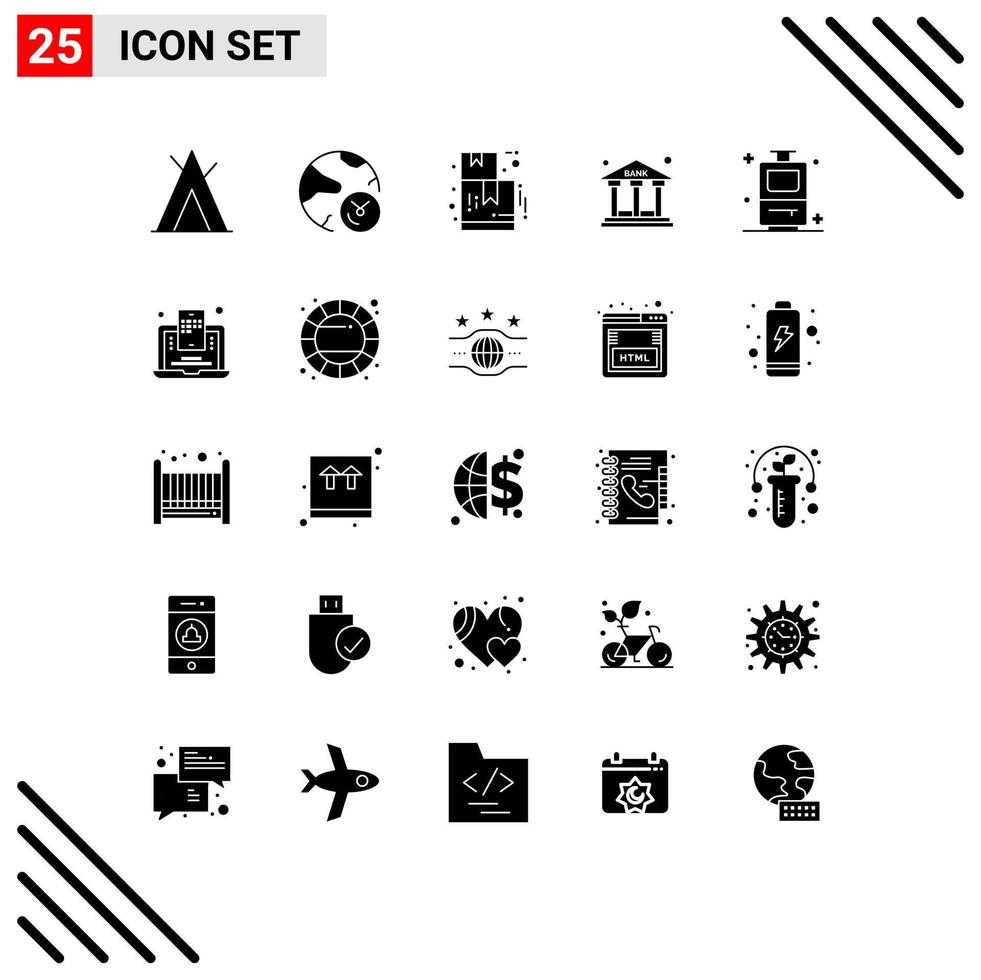 User Interface Pack of 25 Basic Solid Glyphs of vacation bag box building finance Editable Vector Design Elements