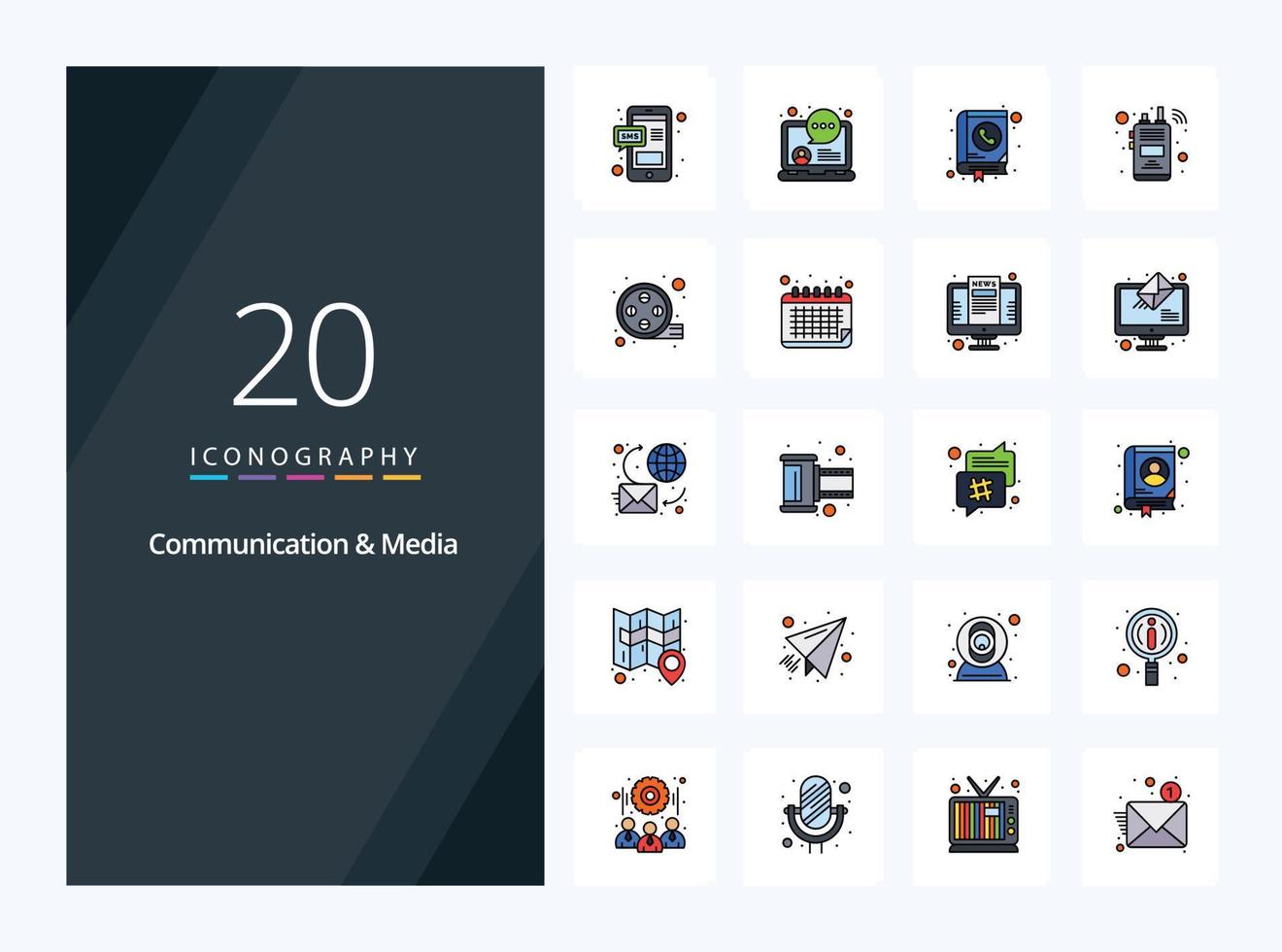 20 iconos llenos de línea de comunicación y medios para presentación vector