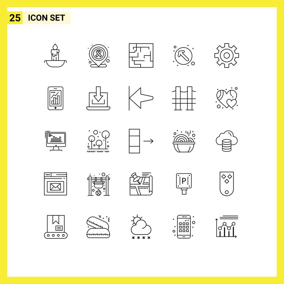Pack of 25 Modern Lines Signs and Symbols for Web Print Media such as infographic graph map cogwheels pointer Editable Vector Design Elements