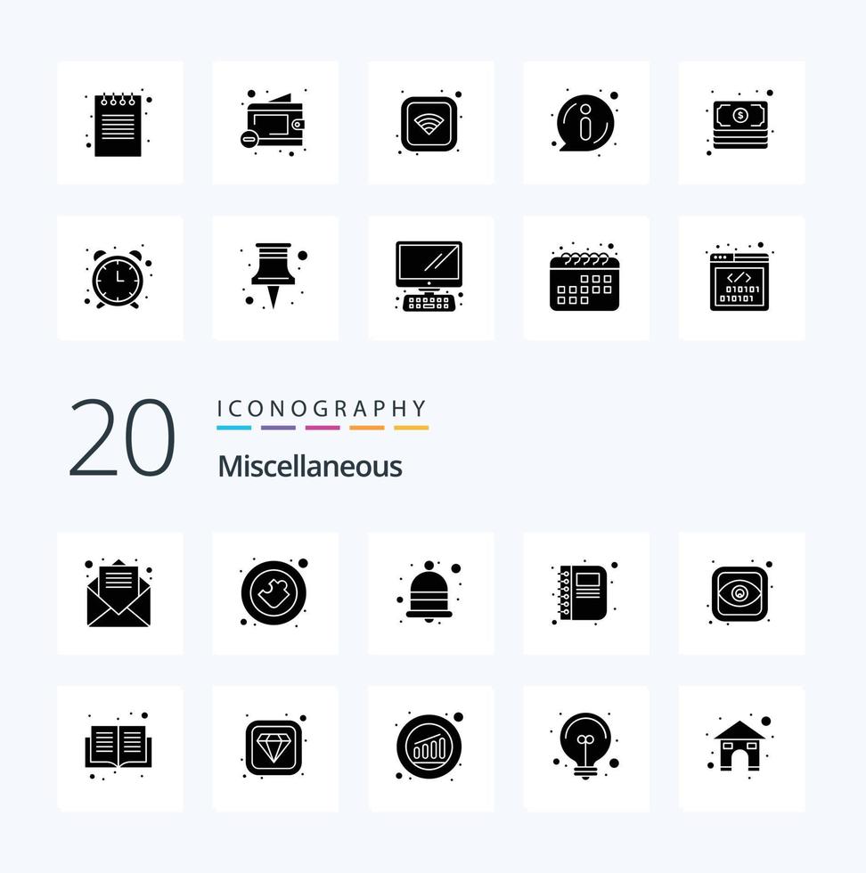 20 Miscellaneous Solid Glyph icon Pack like overview notepad bell diary contact vector