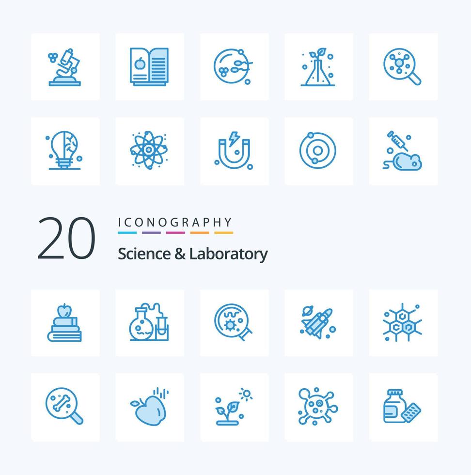 20 Science Blue Color icon Pack like science chemist germs science fly vector