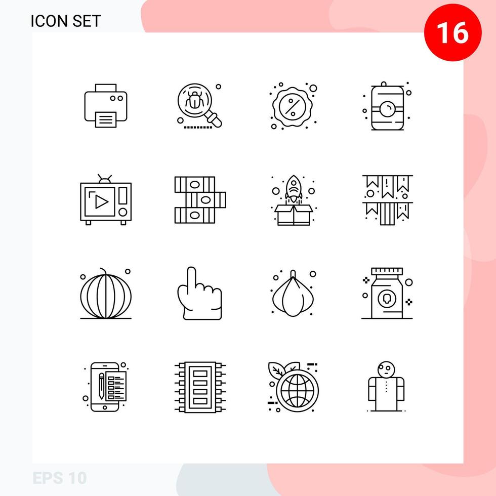 Group of 16 Modern Outlines Set for water food search drink holding Editable Vector Design Elements