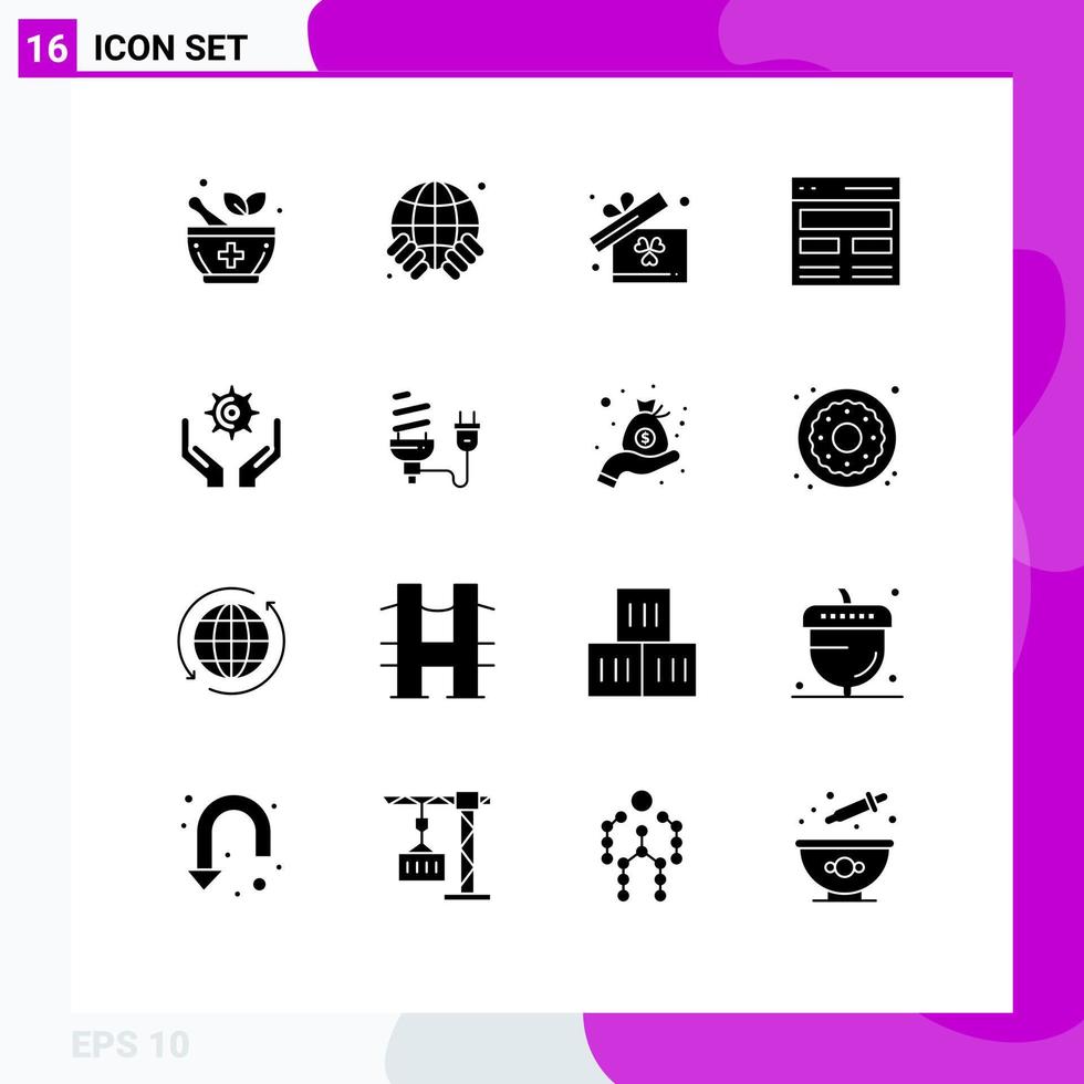 Set of 16 Vector Solid Glyphs on Grid for gear hands box user hero Editable Vector Design Elements