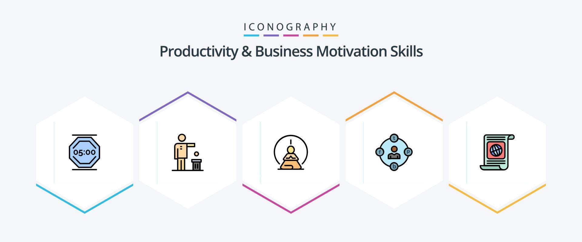 habilidades de productividad y motivación empresarial paquete de iconos de 25 líneas completas que incluye distracciones. medios de comunicación social. reciclaje. mente. meditación vector