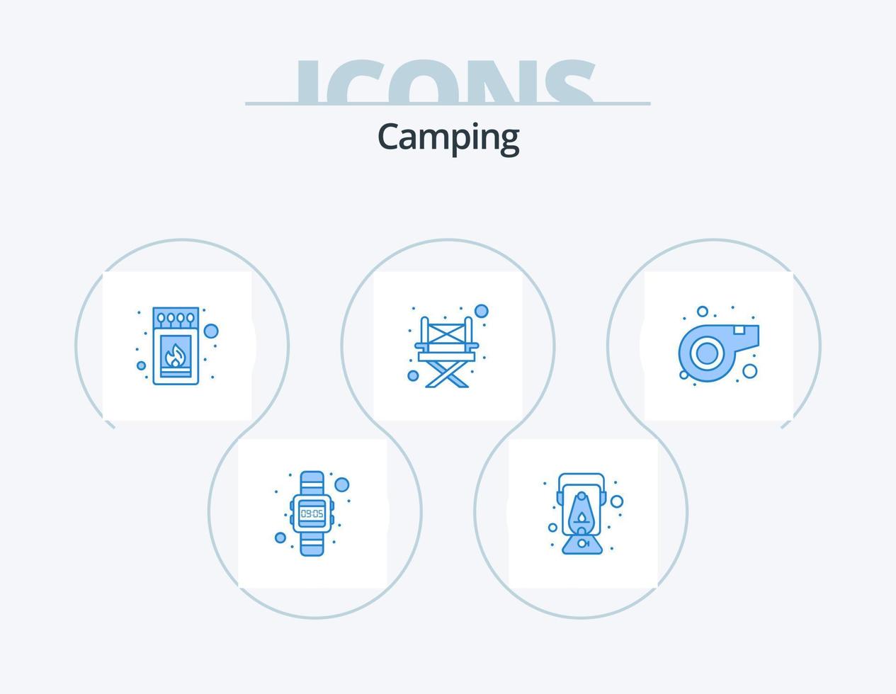 paquete de iconos azul de camping 5 diseño de iconos. silbar. árbitro. caja. silla. acampar vector