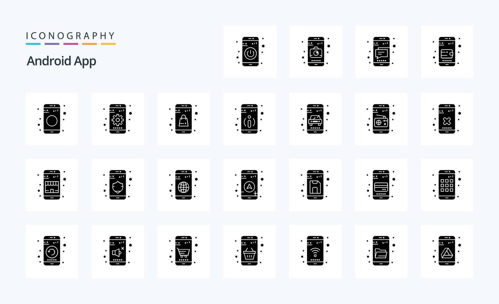 paquete de iconos de glifo sólido de 25 aplicaciones de Android vector
