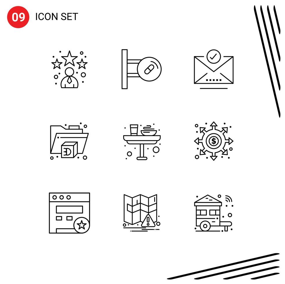 conjunto de 9 iconos de interfaz de usuario modernos símbolos signos para la cena de cristal marca de verificación impresora de desayuno elementos de diseño vectorial editables vector