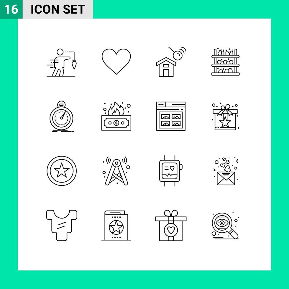 Group of 16 Outlines Signs and Symbols for done supermarket like shopping search Editable Vector Design Elements