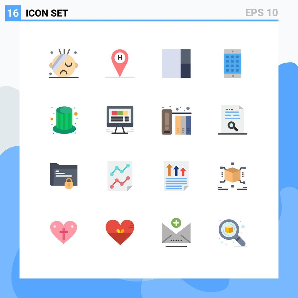 conjunto de colores planos de interfaz móvil de 16 pictogramas de diseño de fiesta de navegador sombrero contraseña paquete editable de elementos creativos de diseño de vectores
