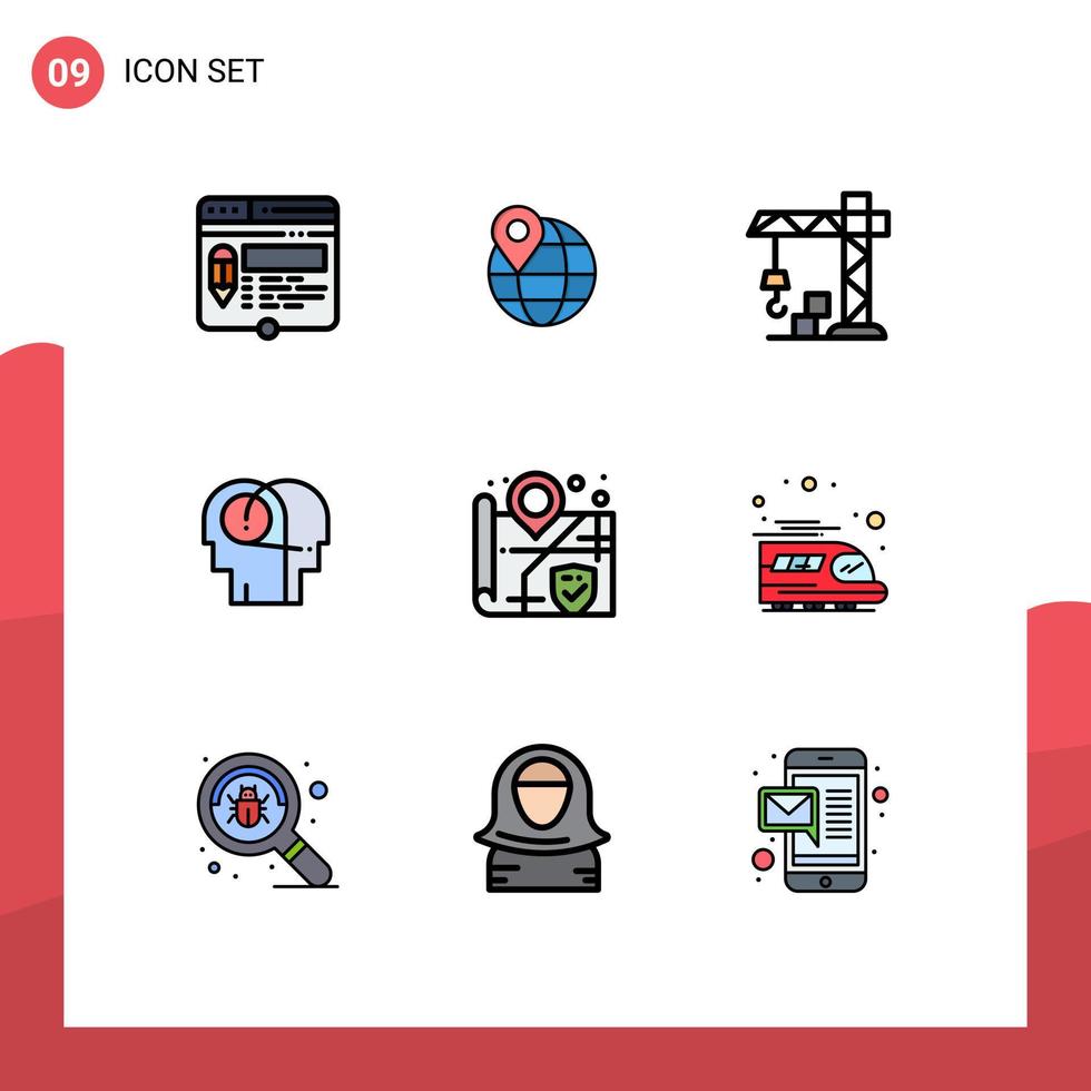 Filledline Flat Color Pack of 9 Universal Symbols of security human internet hearing better Editable Vector Design Elements