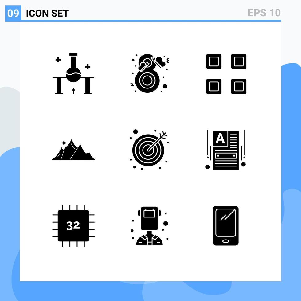 Mobile Interface Solid Glyph Set of 9 Pictograms of mountain landscape fashion hill page Editable Vector Design Elements