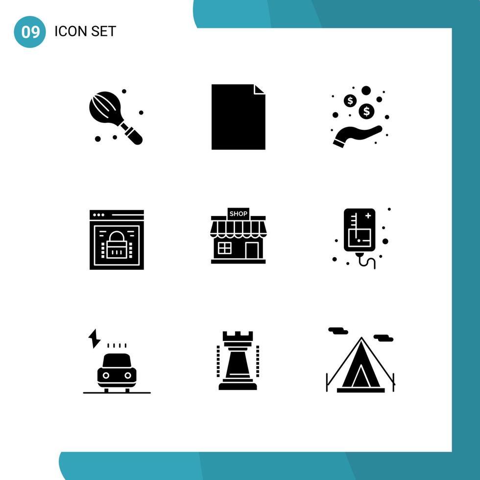 Group of 9 Modern Solid Glyphs Set for shop web lock hand protected browser information security Editable Vector Design Elements