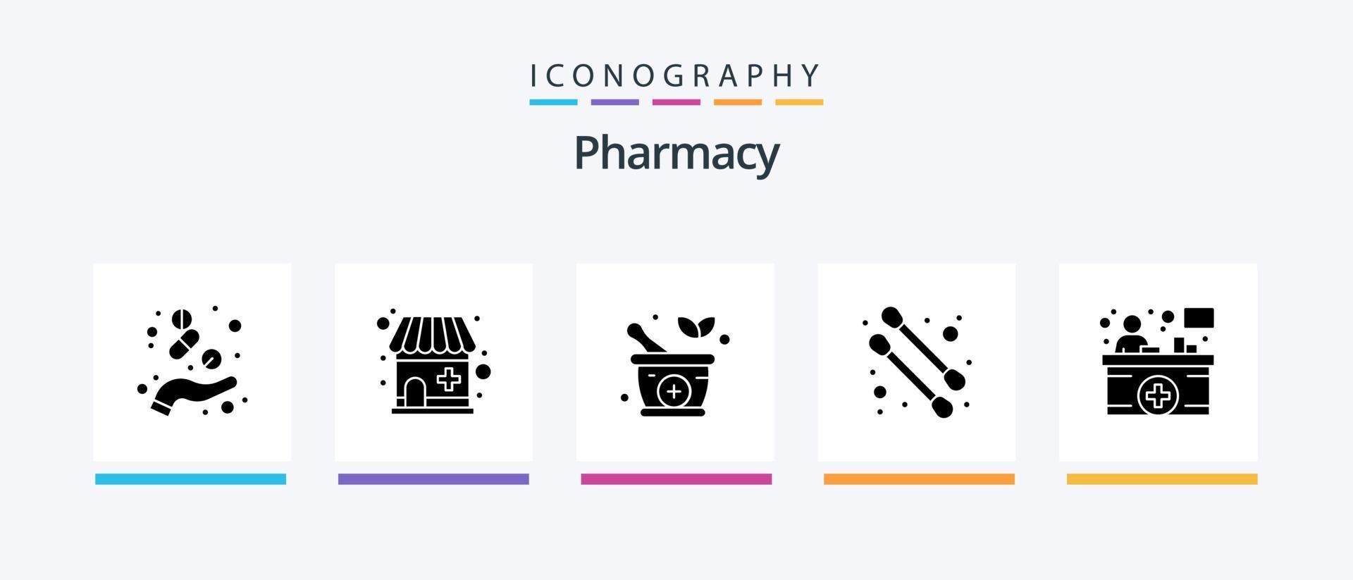 Pharmacy Glyph 5 Icon Pack Including . hospital reception. herbal. front desk. cotton swab. Creative Icons Design vector