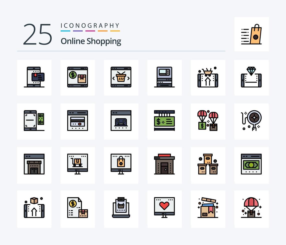 Online Shopping 25 Line Filled icon pack including machine. atm. shopping. store. online vector