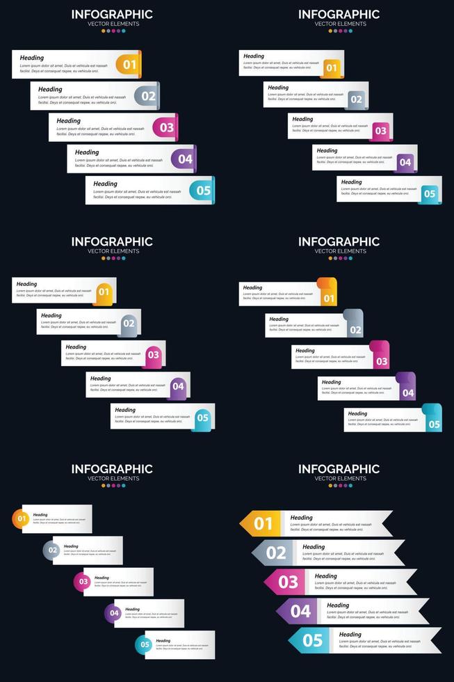 plantilla de diapositiva de presentación del paquete de infografías vectoriales 6 diagramas de ciclo de 5 pasos y líneas de tiempo vector