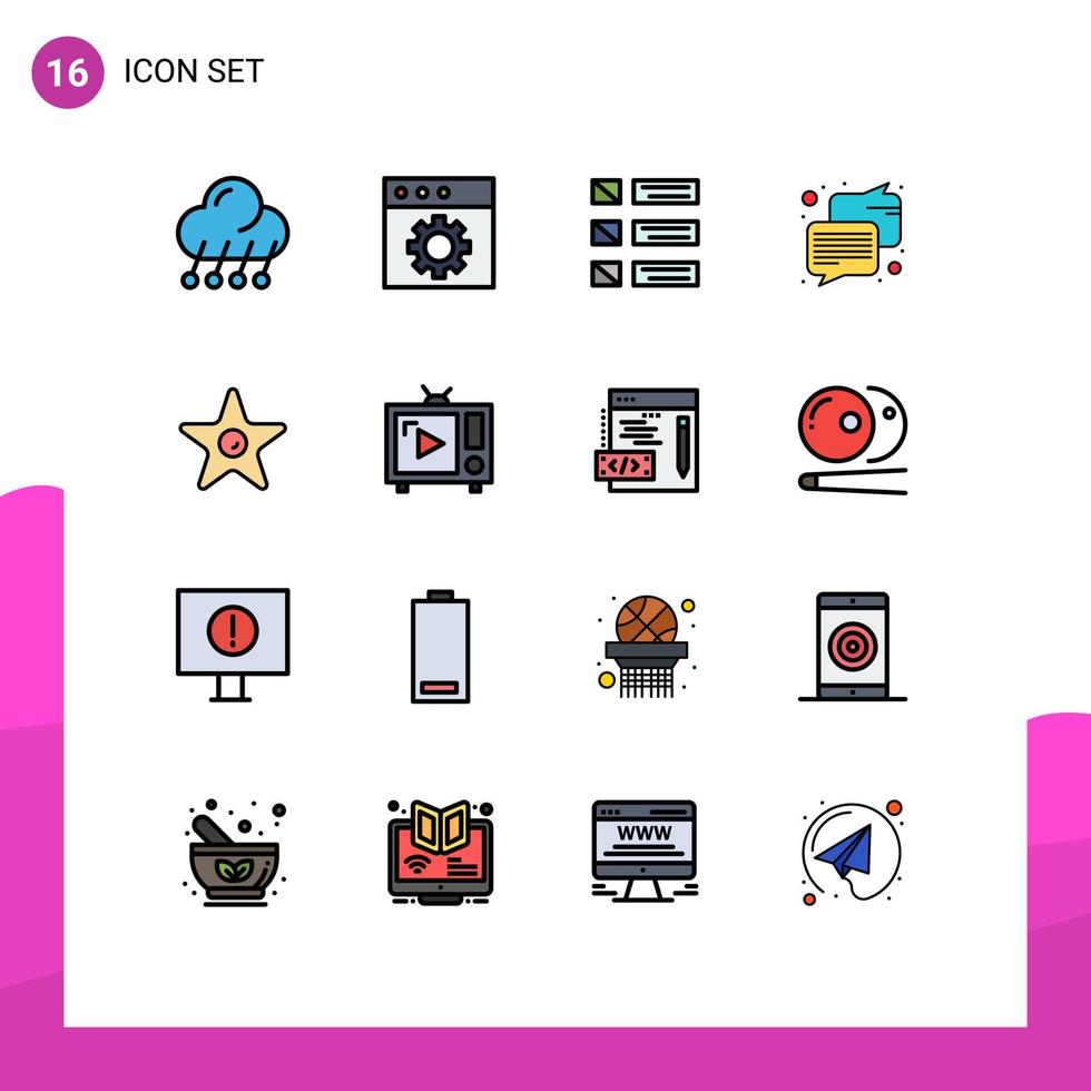 grupo de 16 líneas modernas llenas de colores planos establecidas para el diseño de mensajes de películas comunicación ui elementos de diseño de vectores creativos editables