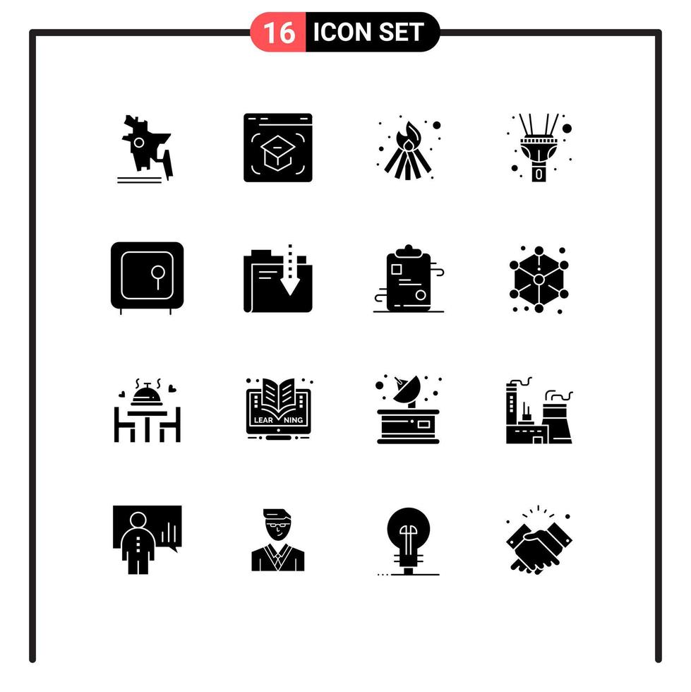 Solid Glyph Pack of 16 Universal Symbols of money box bonfire bank light Editable Vector Design Elements