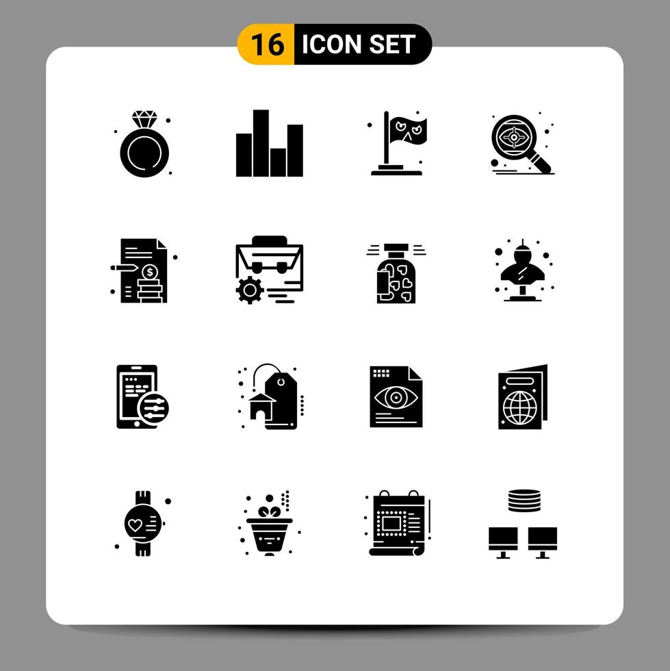 16 User Interface Solid Glyph Pack of modern Signs and Symbols of business targeting stats seo witch Editable Vector Design Elements