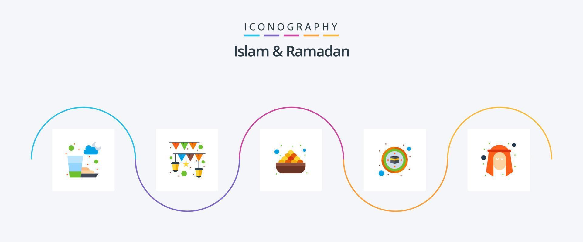 Islam And Ramadan Flat 5 Icon Pack Including muslim. qibla. bowl. kaaba. dates vector