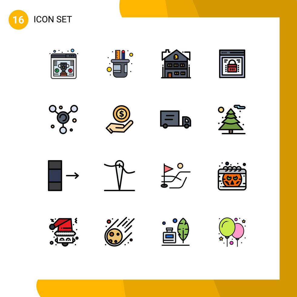 Modern Set of 16 Flat Color Filled Lines Pictograph of atom web lock house protected browser information security Editable Creative Vector Design Elements