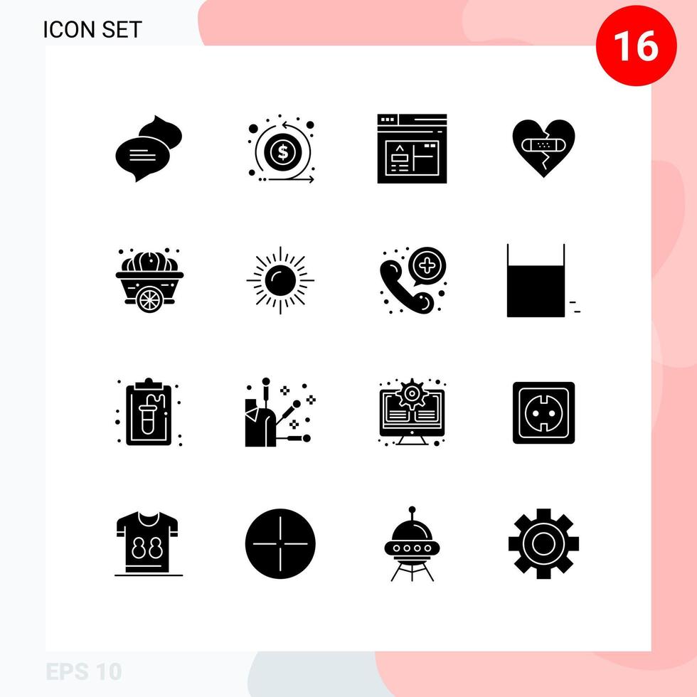 Pack of 16 creative Solid Glyphs of pumpkin love browser heart emotions Editable Vector Design Elements