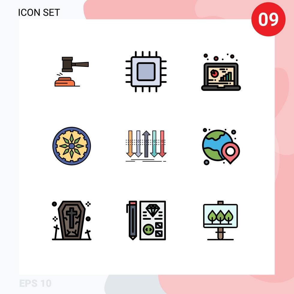 9 Universal Filledline Flat Color Signs Symbols of research computer chip analytic hardware Editable Vector Design Elements